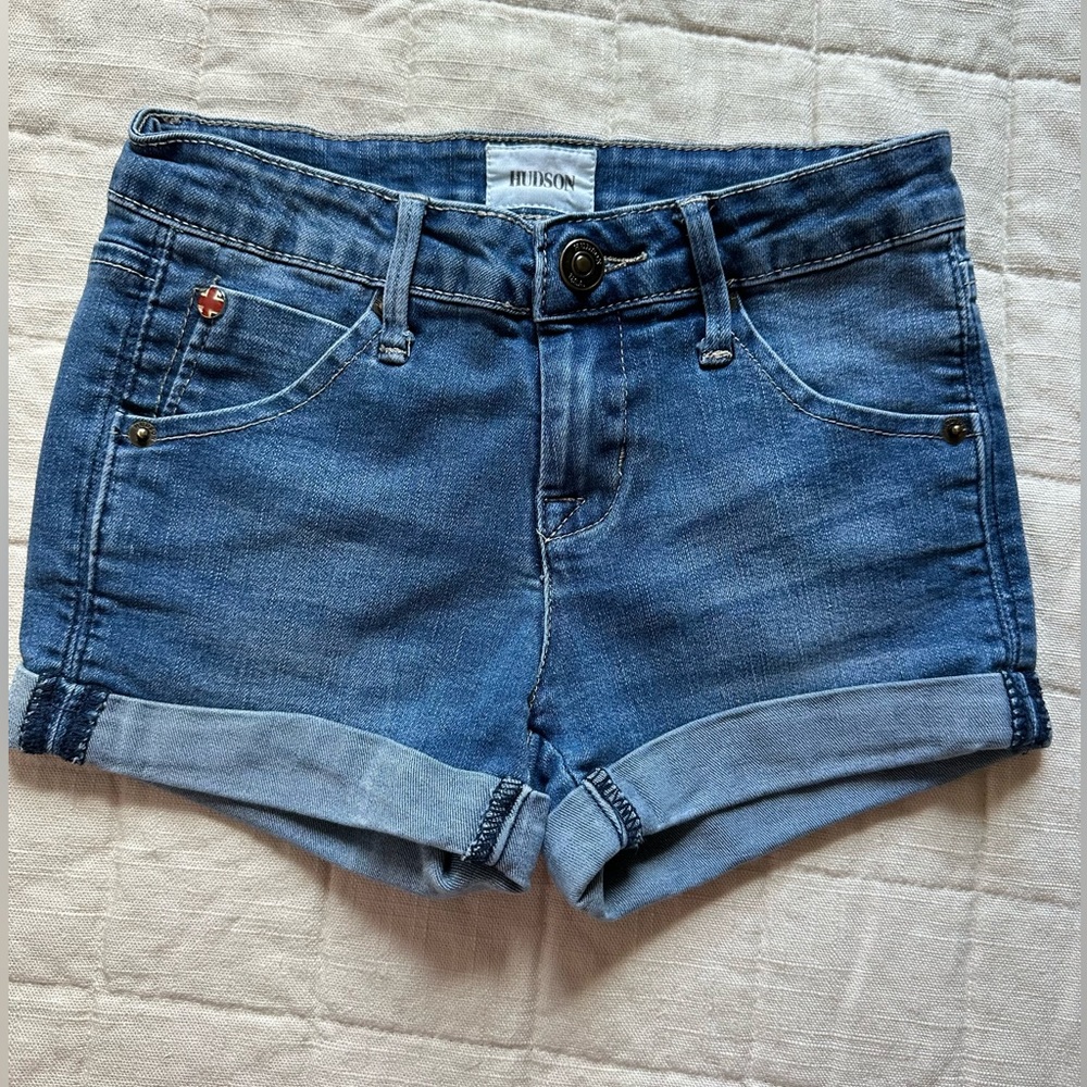 Hudson denim shorts with rolled hem and signature flap back pocket